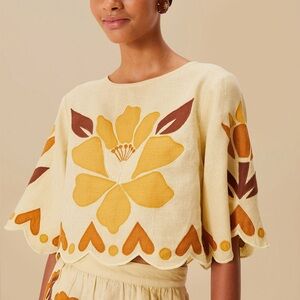 FARM Rio Sand Summer Cutwork Euroflax™ Premium Linen Blouse Size Medium NWT